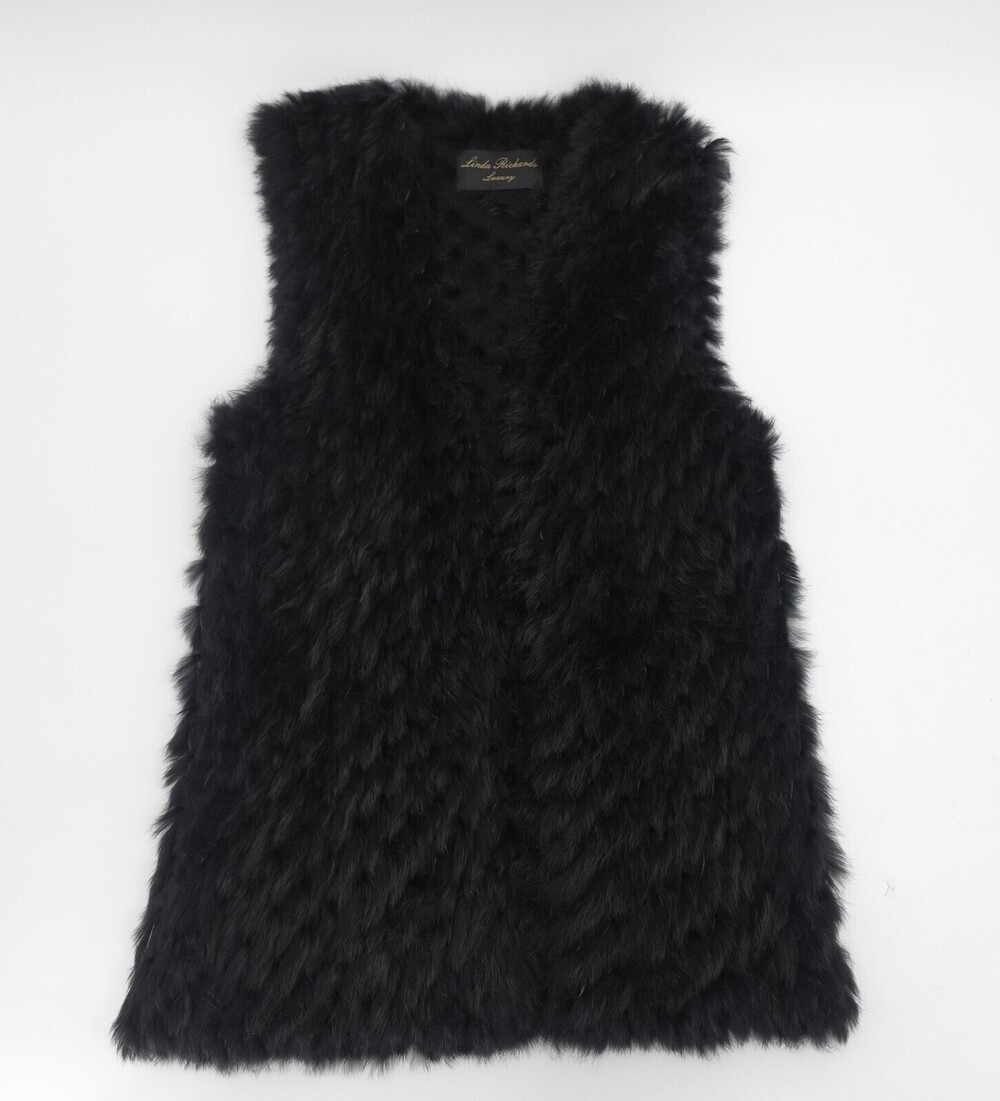 Linda Richards Vest Womens Medium Black Genuine Rabbit Fur Knit Open Front